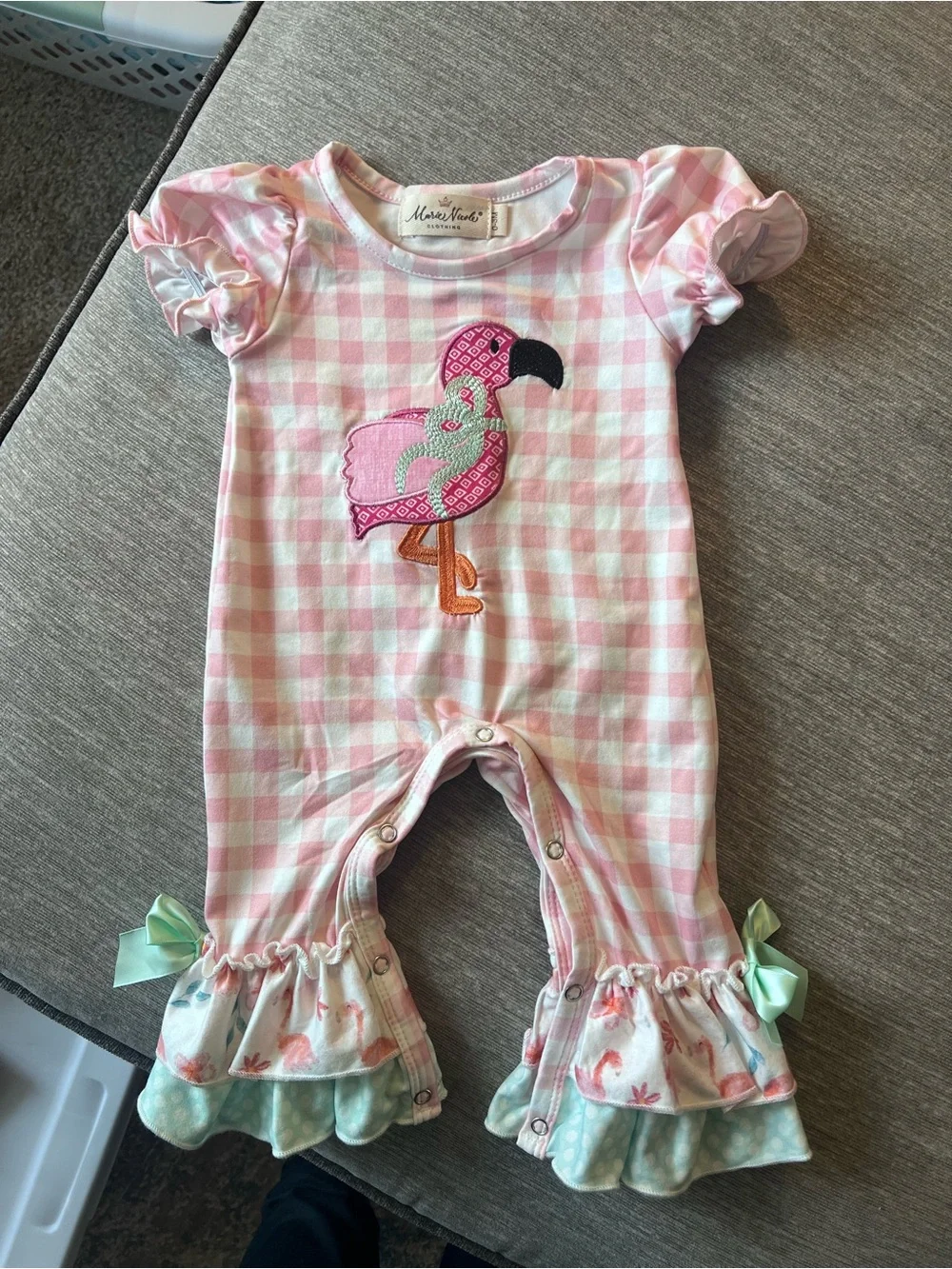 Pink Gingham Flamingo Ruffle One-Piece Romper by Marie Nicole